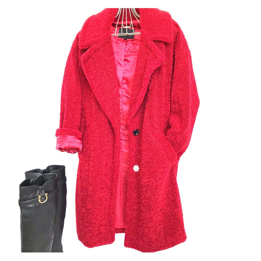 Kendall + Kyle Single Breasted Teddy Coat, Red, M